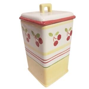 RARE Yellow Red Cherries Clay Canister Art Sonoma Ceramic 8" Flour Sugar Cottage